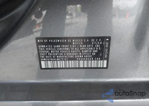 2020 Volkswagen Jetta 1.4T R-Line/1.4T S/1.4T Se из США, поврежденный, VIN 3VWCB7BU4LM072141